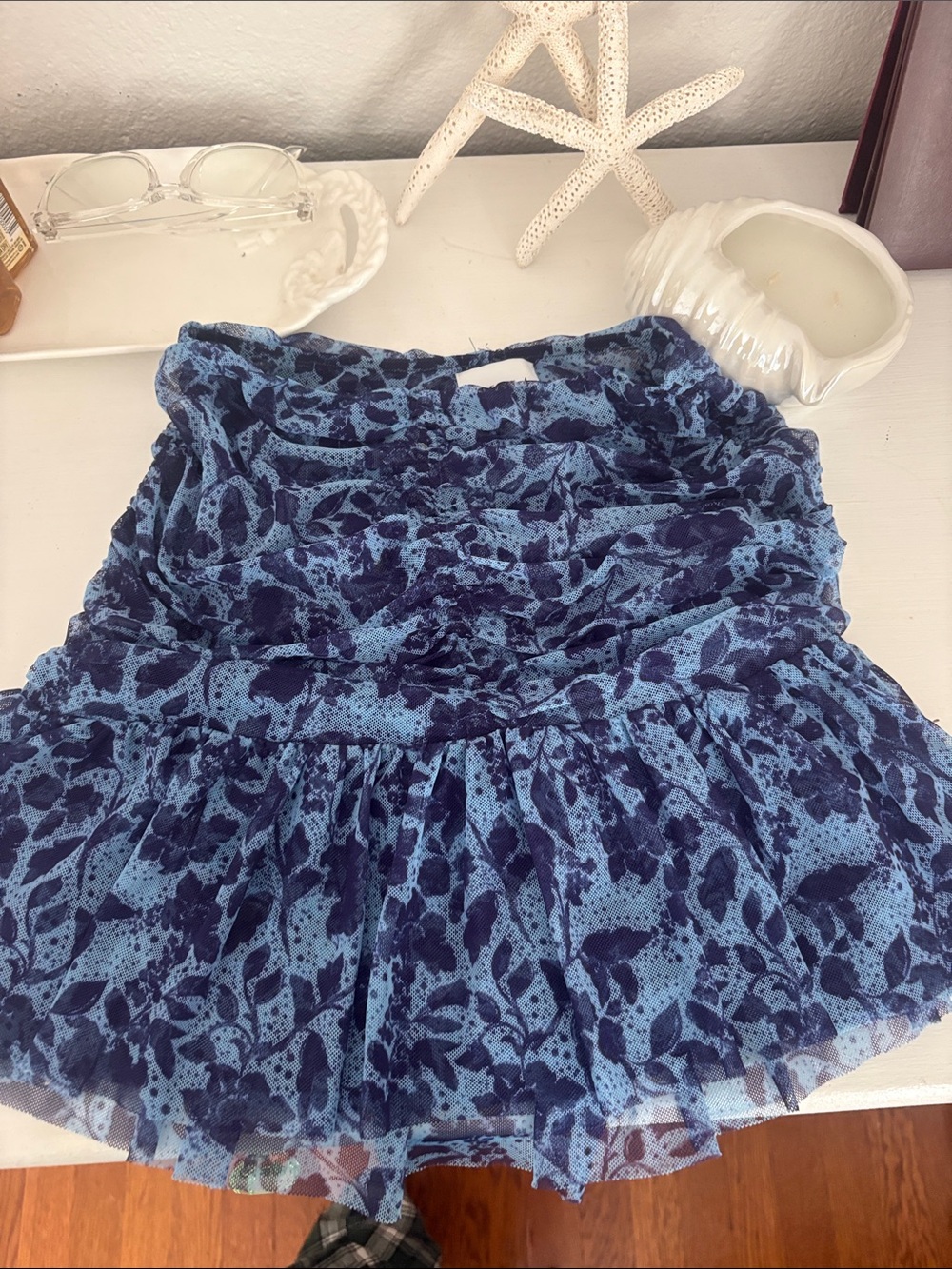 MISA Blue Floral Ruffled SHEER Mini skirt